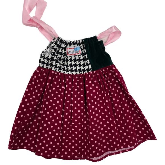 A La Modish Girls Pink Polka Dot Print Corduroy Ribbon Tie Dress 6-12 Months - Picture 2 of 2